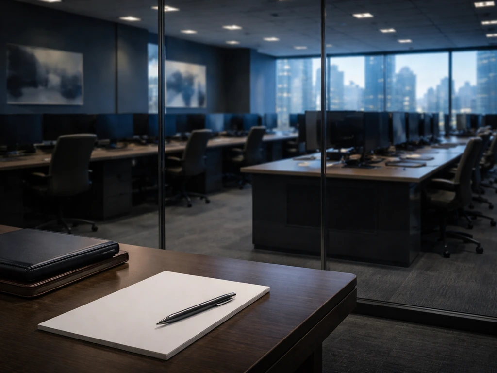 Empty Morgan Stanley–style office trading floor with glass, desks, and soft city light
