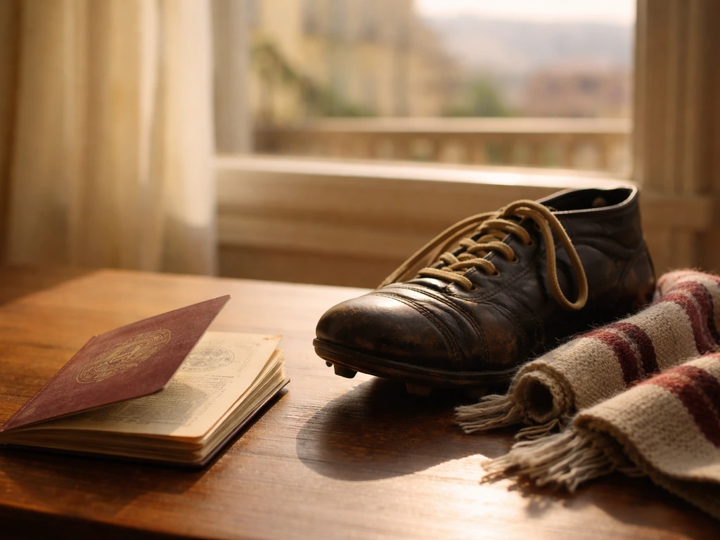 Worn Georgian passport on a desk with a vintage football boot and muted scarf, Tbilisi-like window view