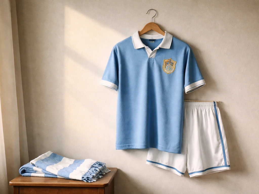 Minimal photo of a vintage football kit hanging in warm light beside a Manchester City–style scarf