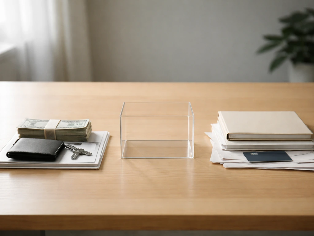 Minimal desk scene with physical items representing assets on one side and bills/loans on the other.