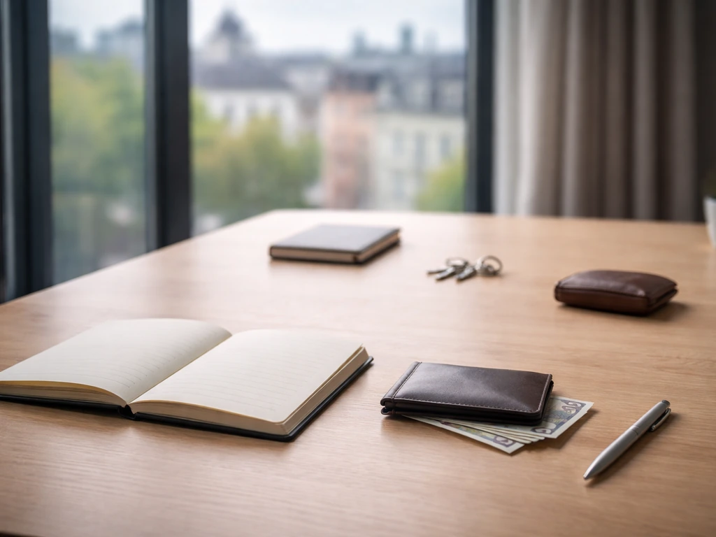 Minimal office desk scene with a notebook, wallet, and blurred city view symbolizing changing career wealth.