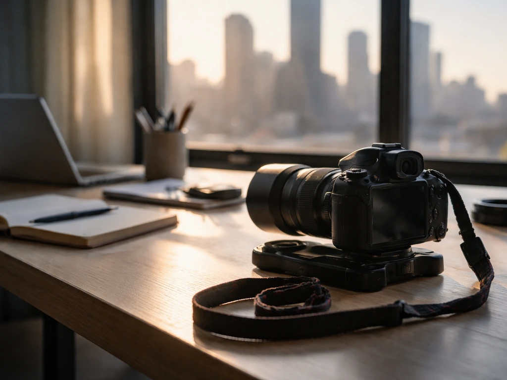 Anonymous photography studio scene with a camera and window skyline, suggesting a media career context.