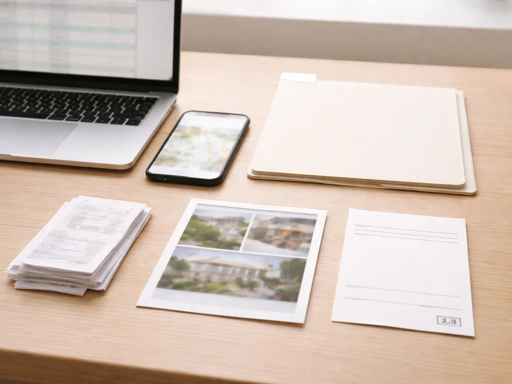 Minimal desk scene with laptop, blurred docs, and blank verification cards arranged like steps.