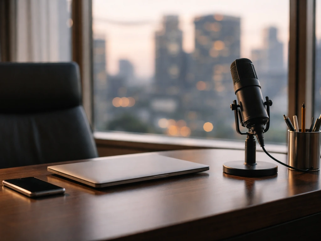Minimal finance office desk with a microphone and laptop, dusk city skyline through the window, no people.