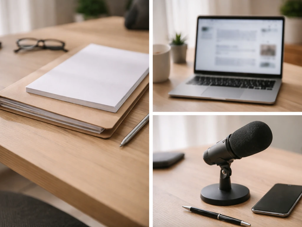 Minimal collage of documents and a laptop showing anonymous business verification workflow