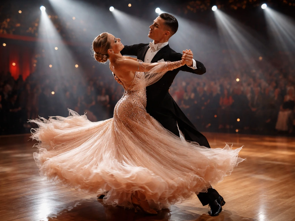 Dancing couple performing on a brightly lit TV dance floor, DWTS-style stage lights in the background.