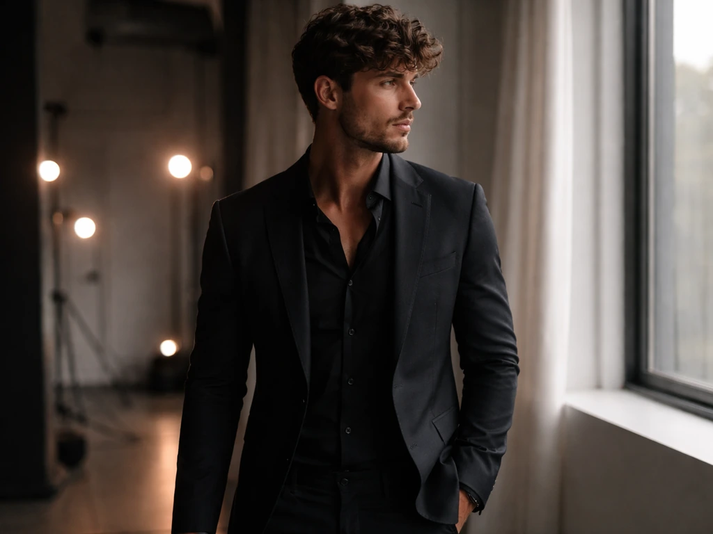 Anonymous male model in a sleek studio wearing tailored outfit, soft lighting, fashion/entertainment vibe