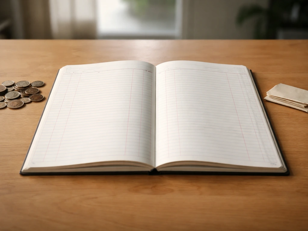 Close-up of an open ledger on a desk with blank pages, coins nearby, simple assets minus liabilities theme.