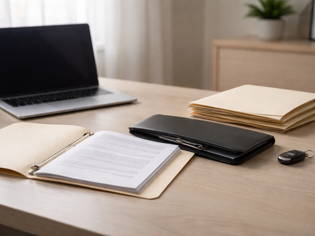 Due-diligence desk scene with files and a binder beside a laptop, suggesting assets and investments review