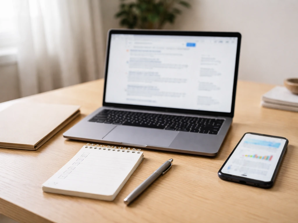 Minimal desk scene with laptop and phone showing blurred record-search and finance screens, no text.