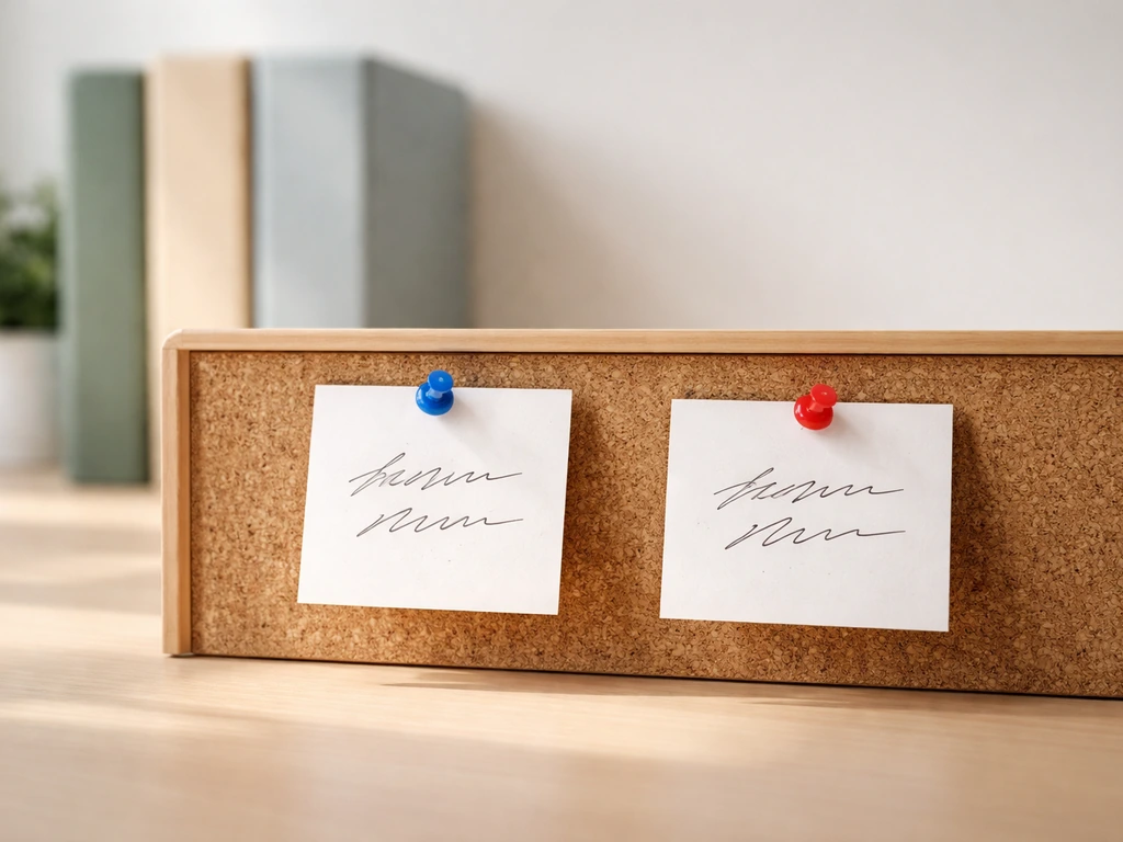 Two pinned, unreadable slips on a desk with blurred folders, symbolizing confusion over the same name.