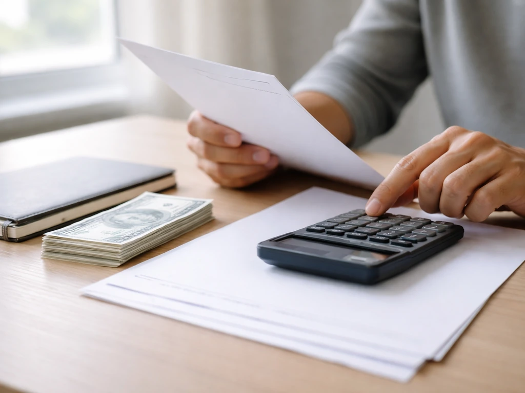 Close-up of hands reviewing business documents beside a calculator and cash in a quiet office
