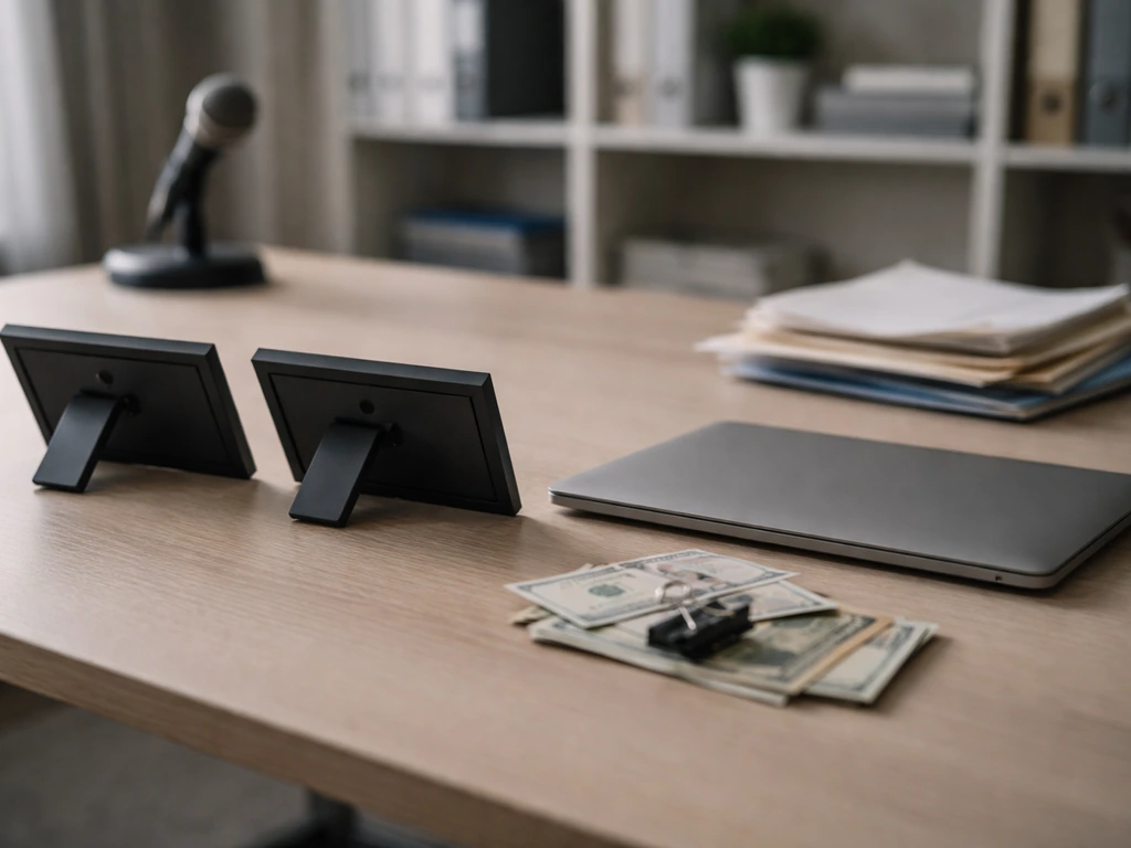 Minimal office desk with a closed laptop, two face-down frames, and scattered papers and money suggesting estimate diffe