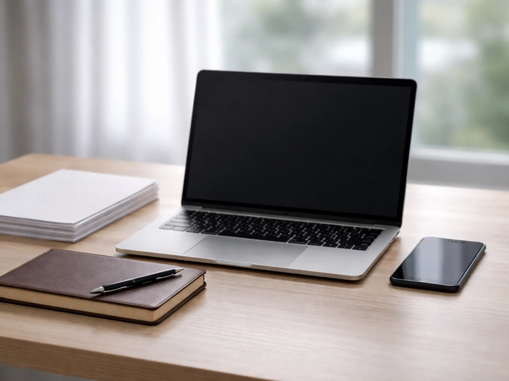 Minimal desk scene with laptop and papers symbolizing finance estimates and last-updated reporting.