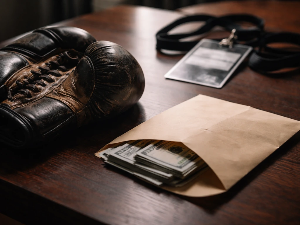 Worn boxing gloves on a desk next to a sealed envelope and tucked cash, suggesting fight earnings.