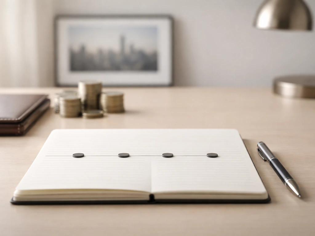 Minimal office desk scene with a notepad and four small milestone markers suggesting career phases