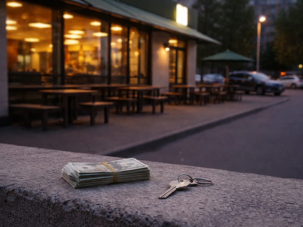 Dusk street view of an anonymous fast-food restaurant with cash and a key suggesting ownership and wealth.