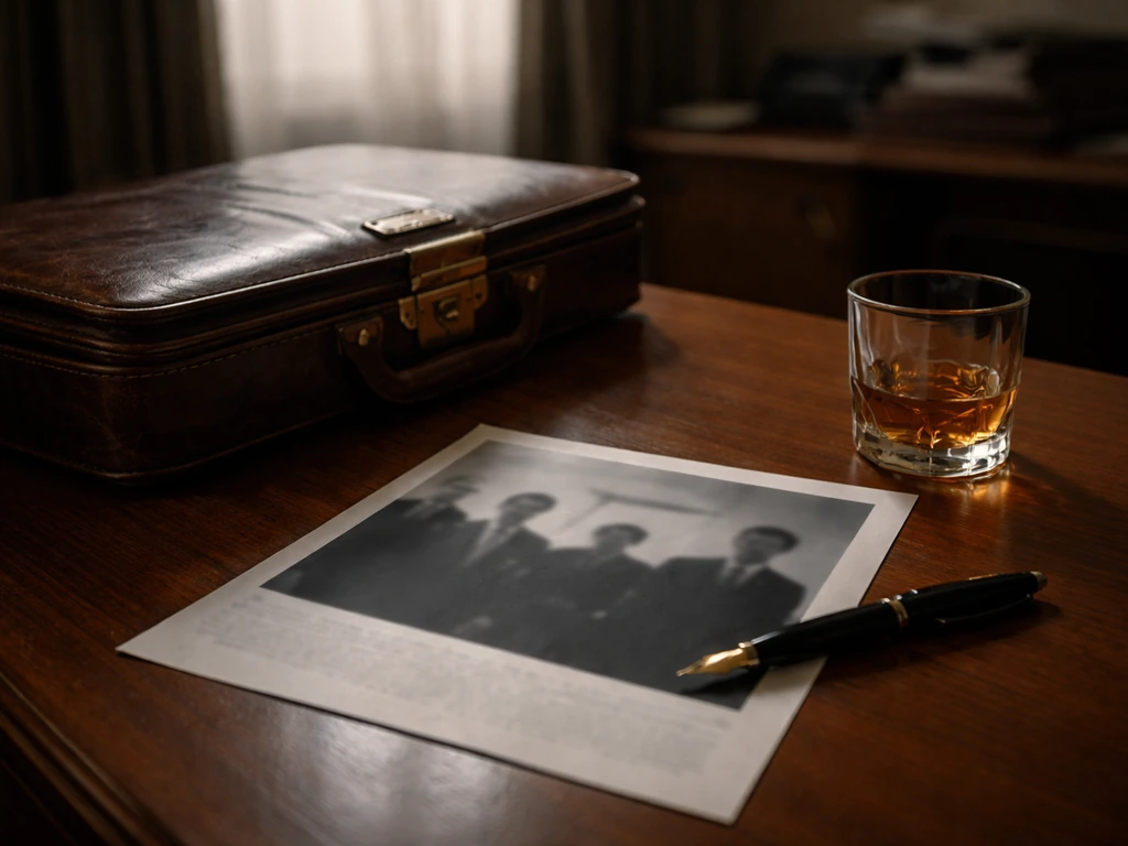 A vintage-style office desk with an old briefcase and blurred press photo, symbolizing opaque wealth valuation.