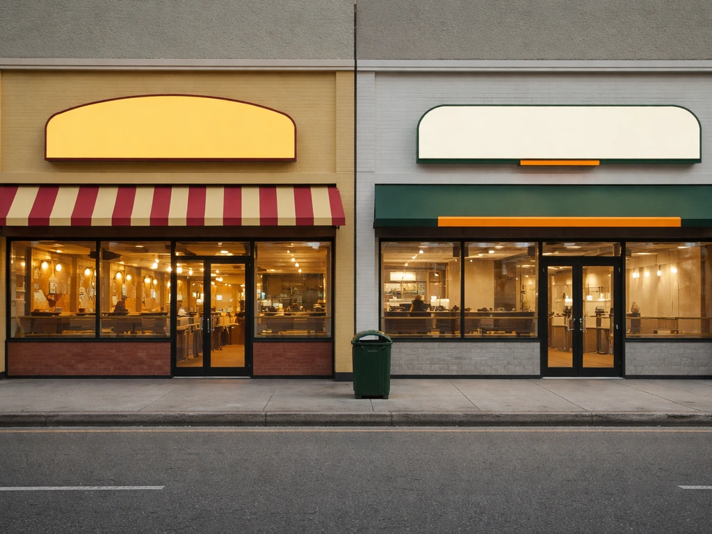 Two adjacent empty fast-food restaurant frontages suggesting a transition from McDonald’s to Vkusno i tochka.