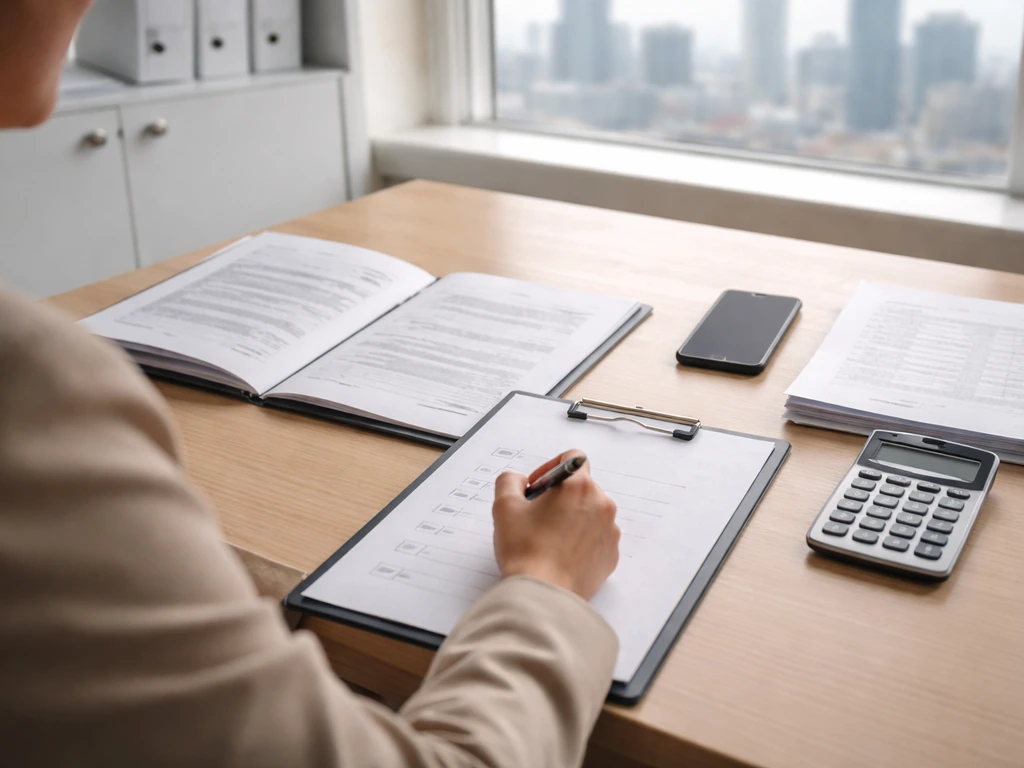 Minimal desk scene with documents, calculator, and financial folders representing verifying an estimate