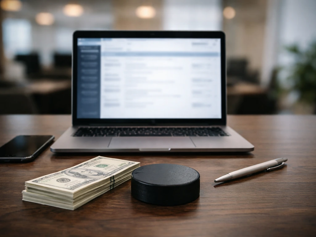 Minimal desk scene with blurred contract screen, cash, pen, and a hockey puck implying NHL contract details.