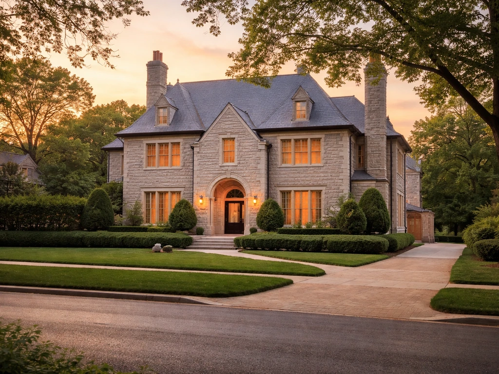 Luxury St. Louis mansion exterior with stone facade and manicured hedges at golden hour, no people.
