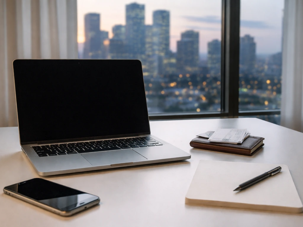 Minimal finance desk scene with laptop, phone, receipts, wallet, and pen symbolizing net worth estimate inputs.