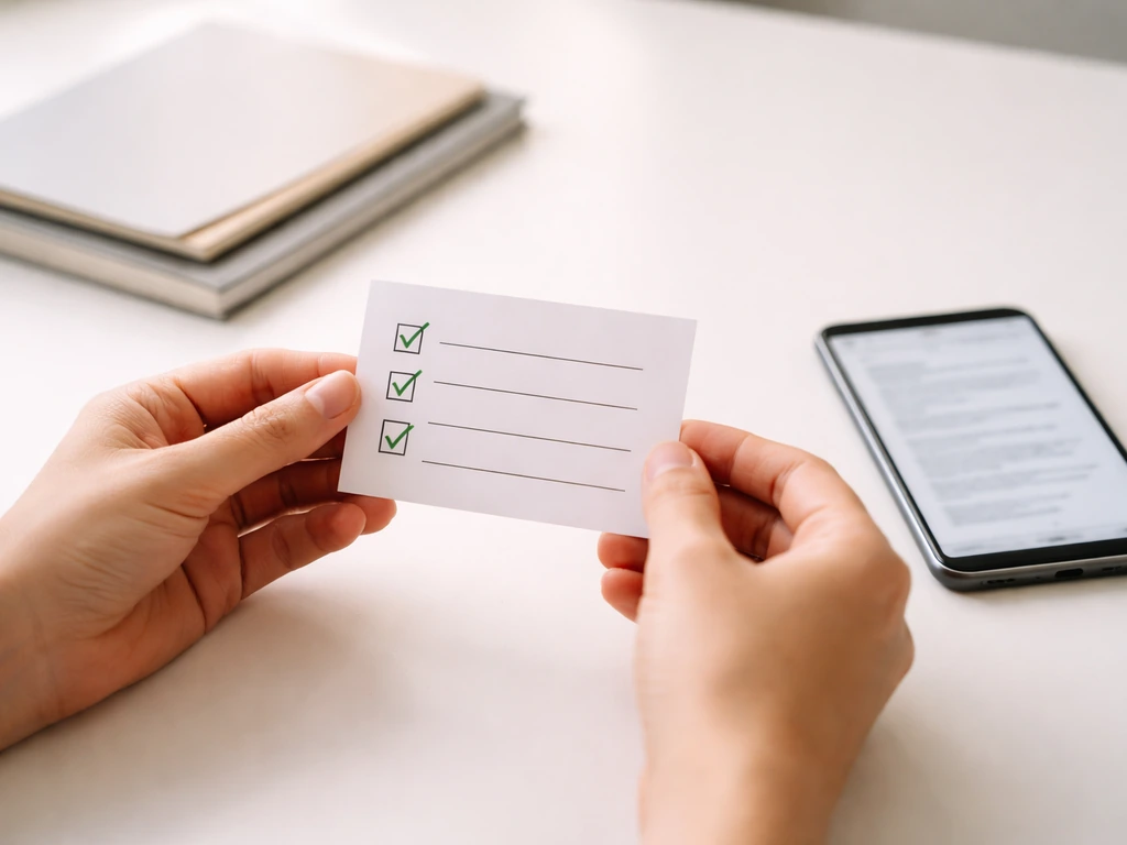 Hands reviewing a small checklist-style card next to a smartphone showing contract details, in a quiet office.