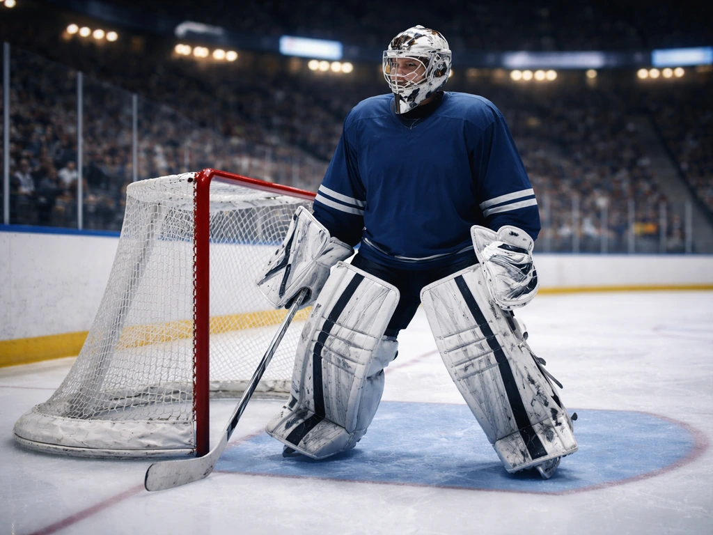Anonymous ice hockey goalie in NHL-style gear on the rink, arena lights blurred behind him.