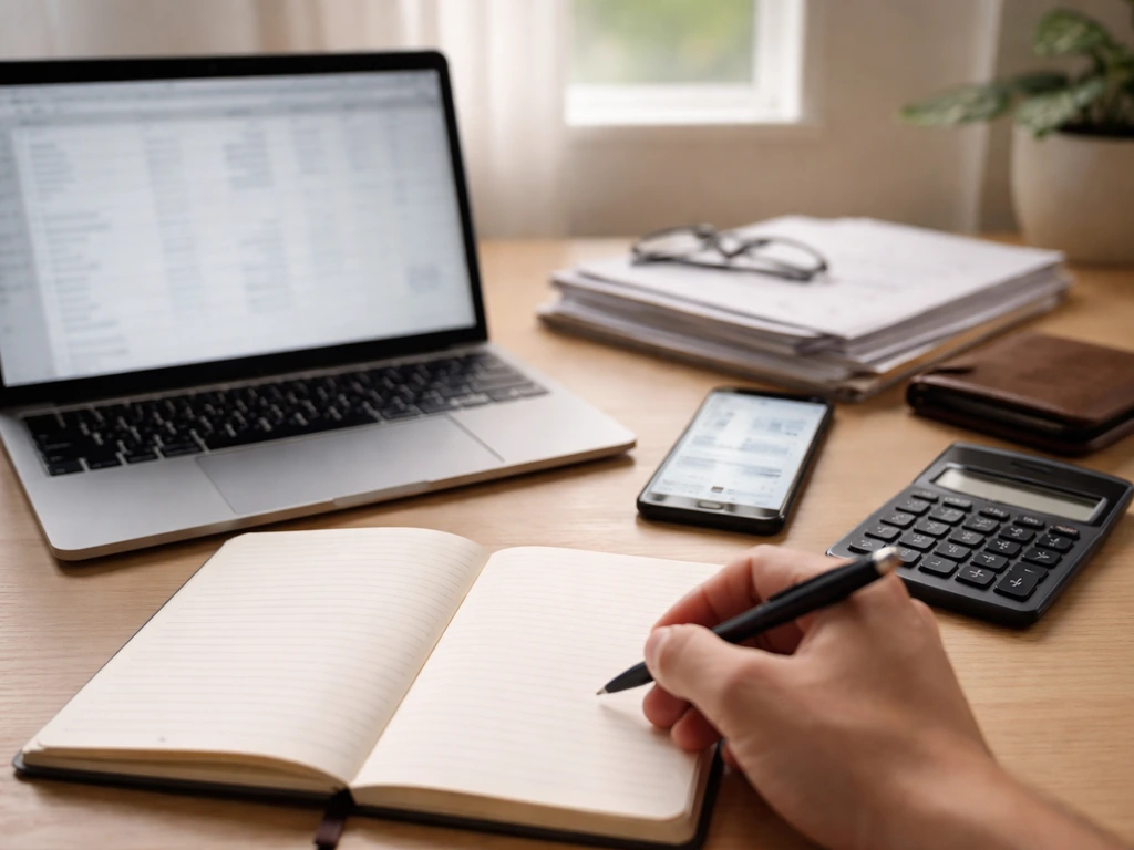 Minimal desk scene with laptop and finance documents suggesting a structured net-worth methodology workflow.