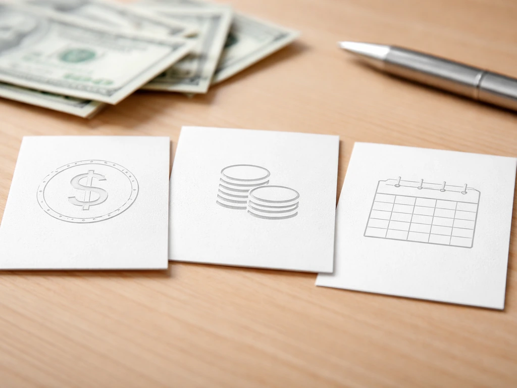 Close-up of three blank contract component cards on a wooden desk with subtle money props in background.