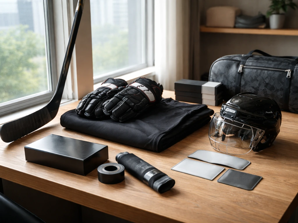 A hockey gear setup on a clean desk with gloves, a stick, and sponsor-style gear cues, no logos.