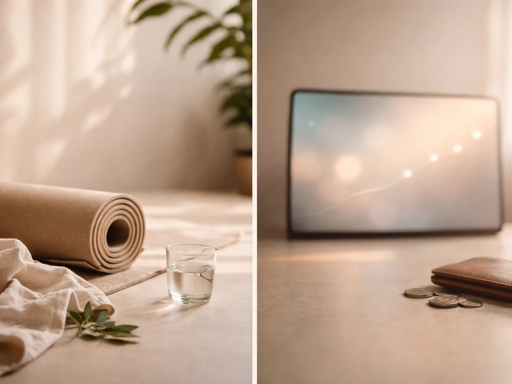 Minimal lifestyle-yoga workspace with a blurred screen-like net-worth concept and soft money symbolism.