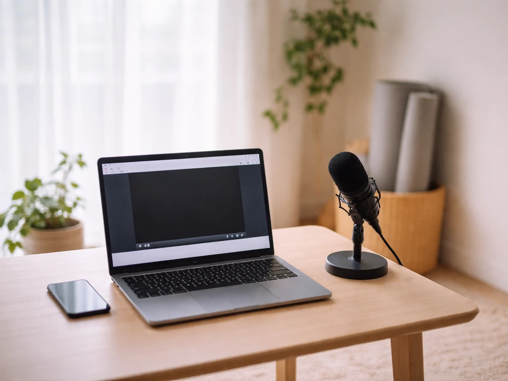 Minimal desk setup with open laptop, smartphone, microphone, and rolled yoga mat in soft natural light.