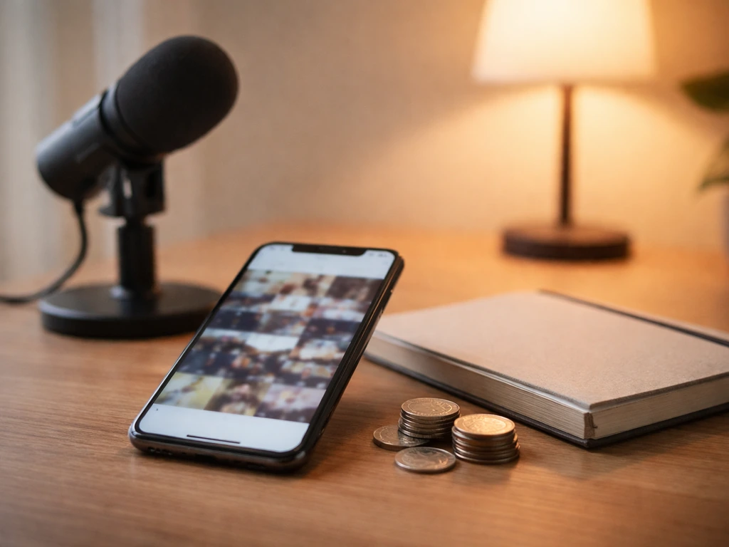 Minimal photo of a desk with a smartphone displaying a blurred media grid and scattered coins, symbolizing proxy-based e