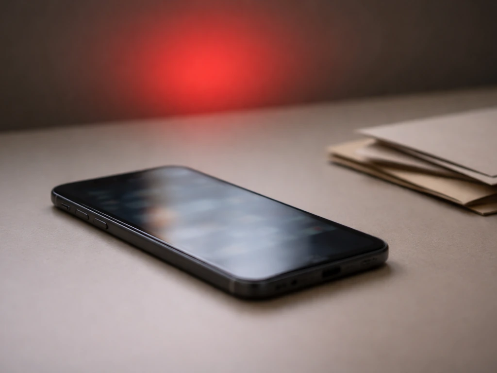 Close-up of a smartphone showing blurred social media icons, with an out-of-focus red warning glow in the background.