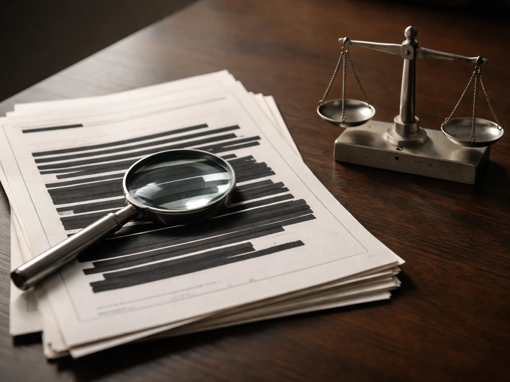 Magnifying glass examining redacted business record pages on a desk beside a simple money range scale.