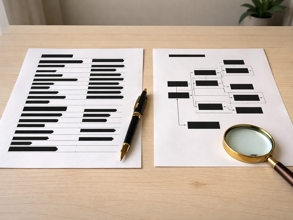 Two blacked-out genealogy document pages beside a pen and magnifying glass, illustrating name-format differences.