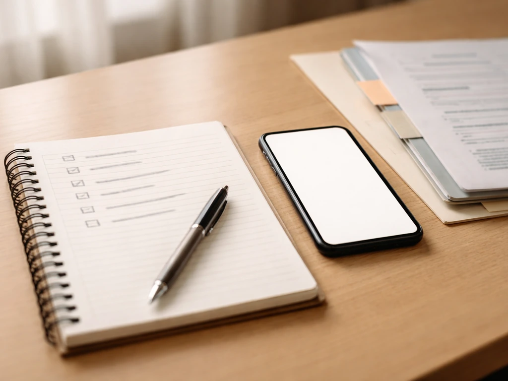 Close-up desk scene with an open notebook checklist and a phone, papers and tabs in soft natural light.