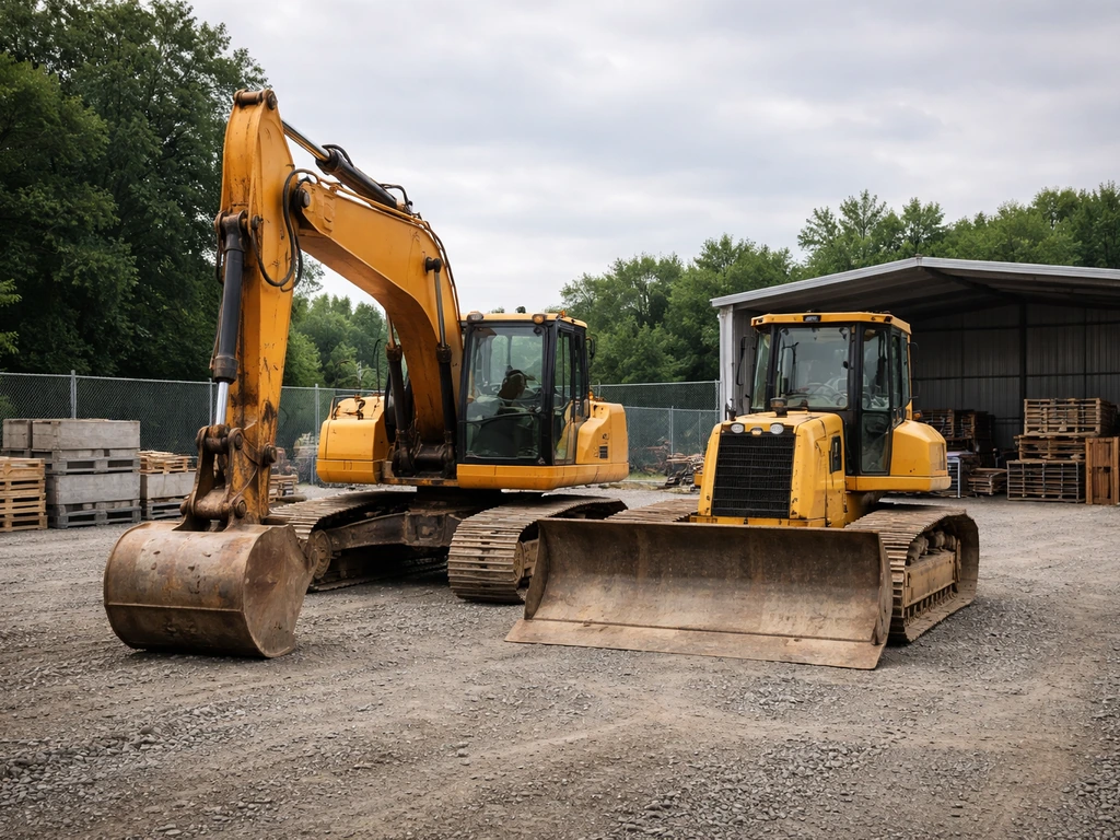 Heavy machinery parked in a quiet construction storage yard, suggesting privately held construction business assets.