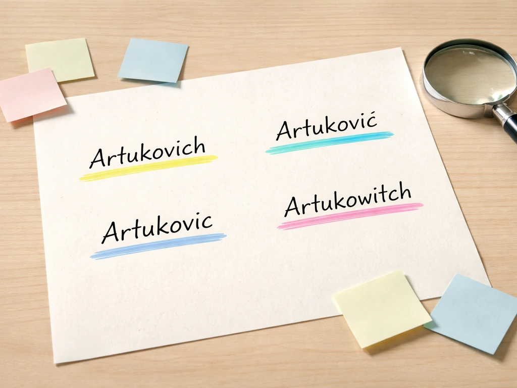Close-up of a desk with scattered handwritten name spellings on paper, showing identity mix-ups.