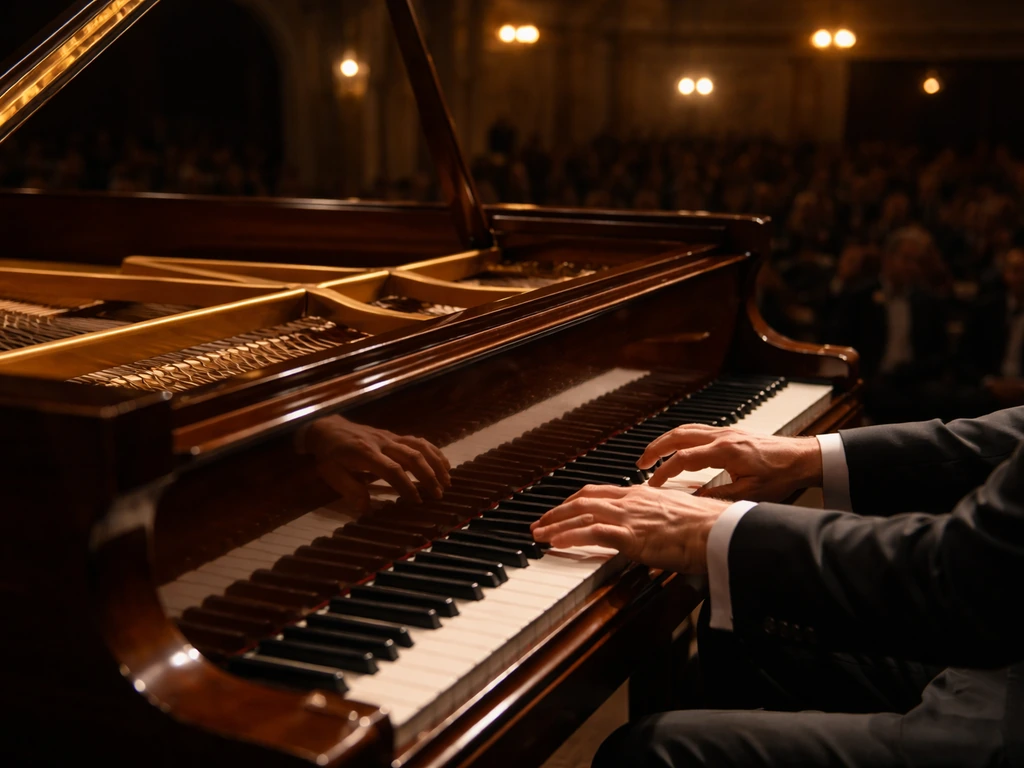 Hands playing a grand piano under warm concert hall lights, with an out-of-focus audience behind.