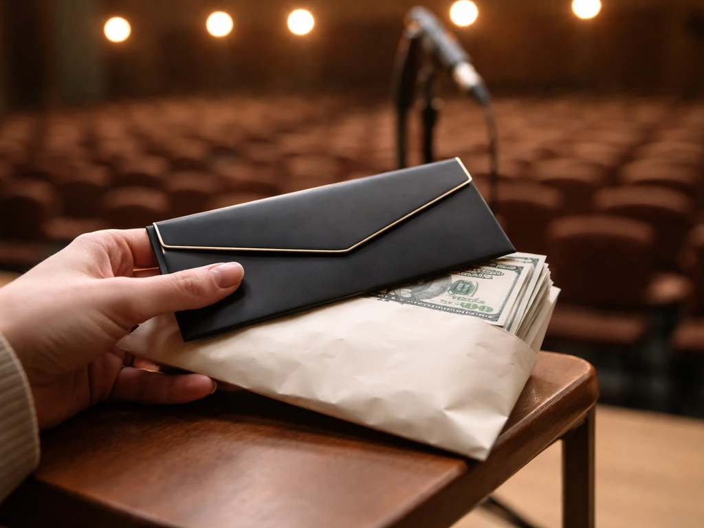 Close-up of a cash envelope and concert ticket envelope beside a microphone in a competition hall.