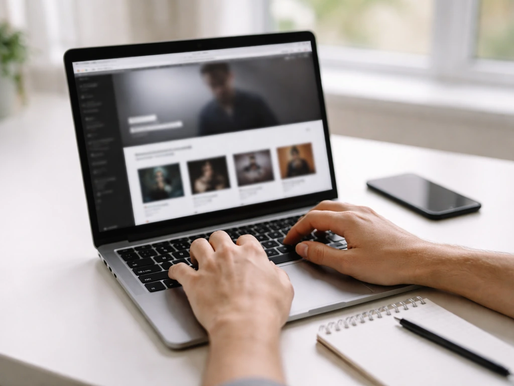 Minimal desk scene with a laptop open to a classical music label’s artist page-style layout