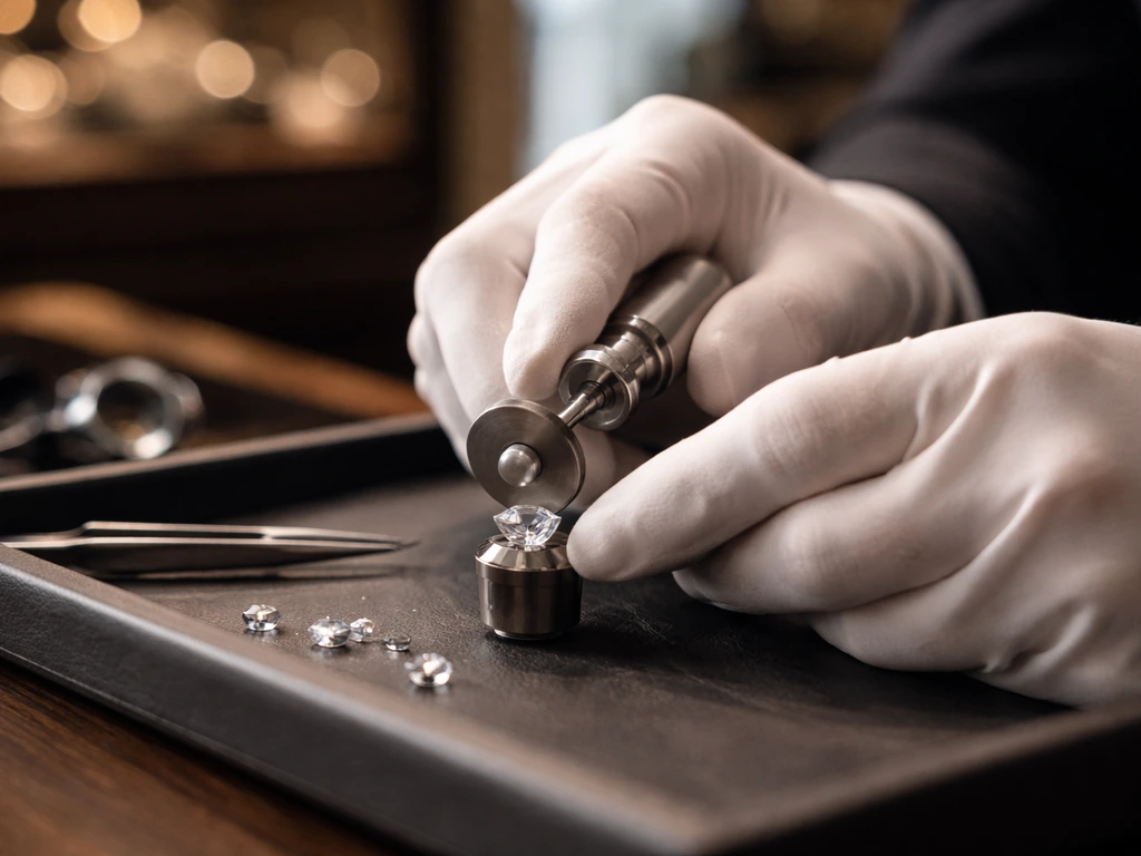Gloved jeweler’s hands polishing a diamond in a quiet luxury workshop.