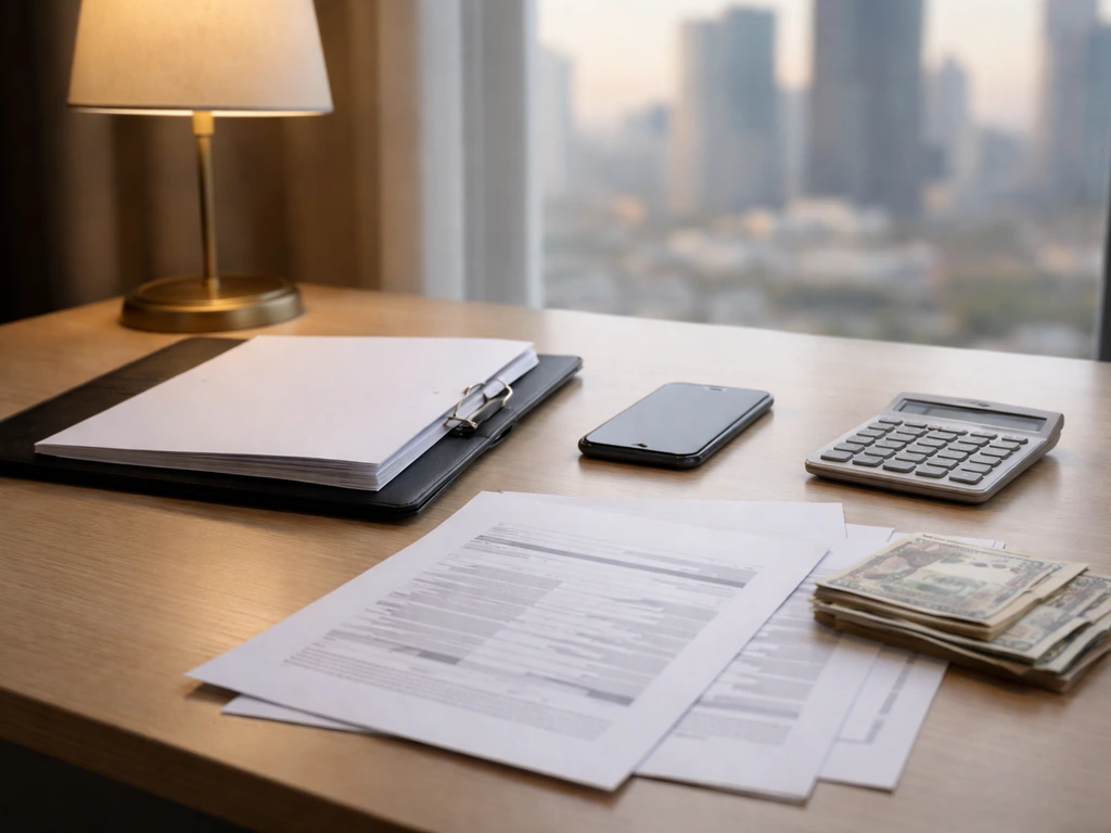 Minimal desk scene with cash, a calculator, and a binder of financial documents suggesting how an estimate is built.
