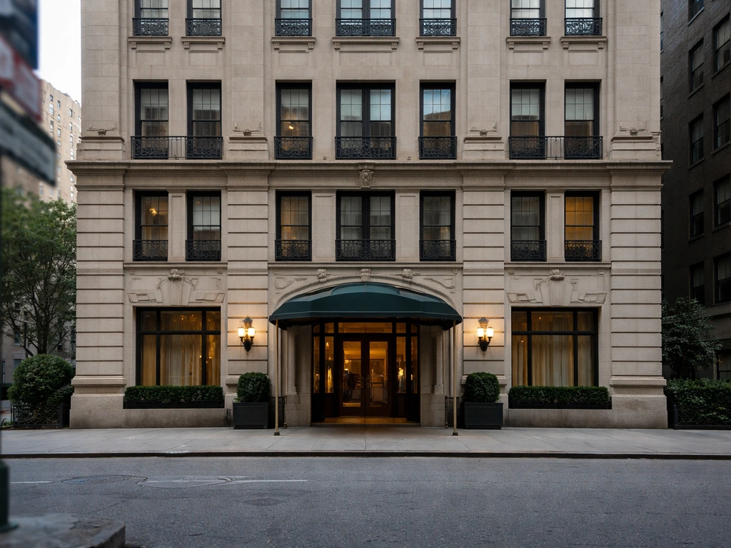 Street-level view of a Midtown Manhattan luxury building facade with quiet sidewalk and soft morning light.