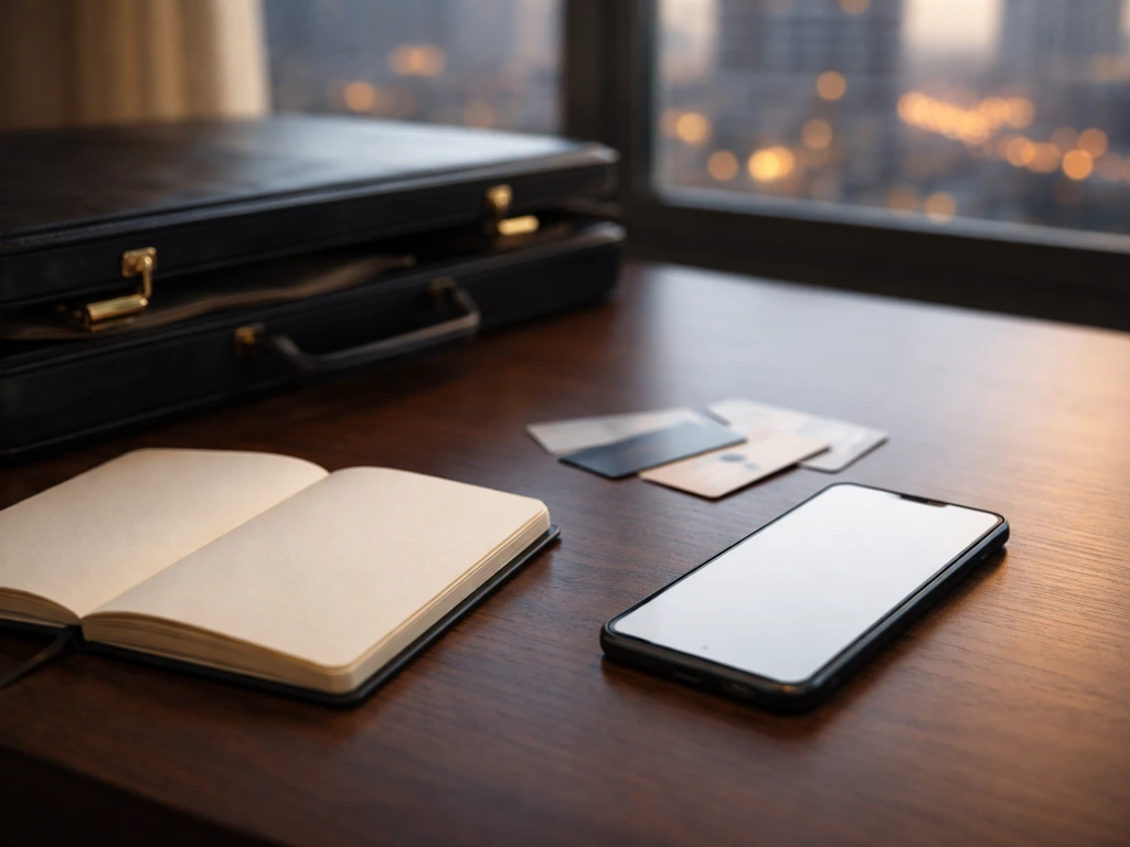 Minimal photo of a banker-style office desk with a smartphone, ledger-like notebook, and blurred city skyline.