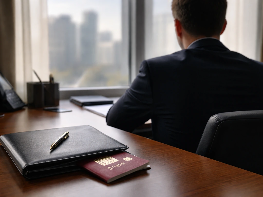 Anonymous banker in a minimal office with a blurred city view, suggesting Russian financial records.