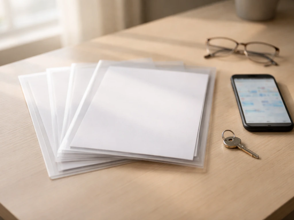 Minimal office desk with stacked clear document sleeves and blurred phone finance screen.